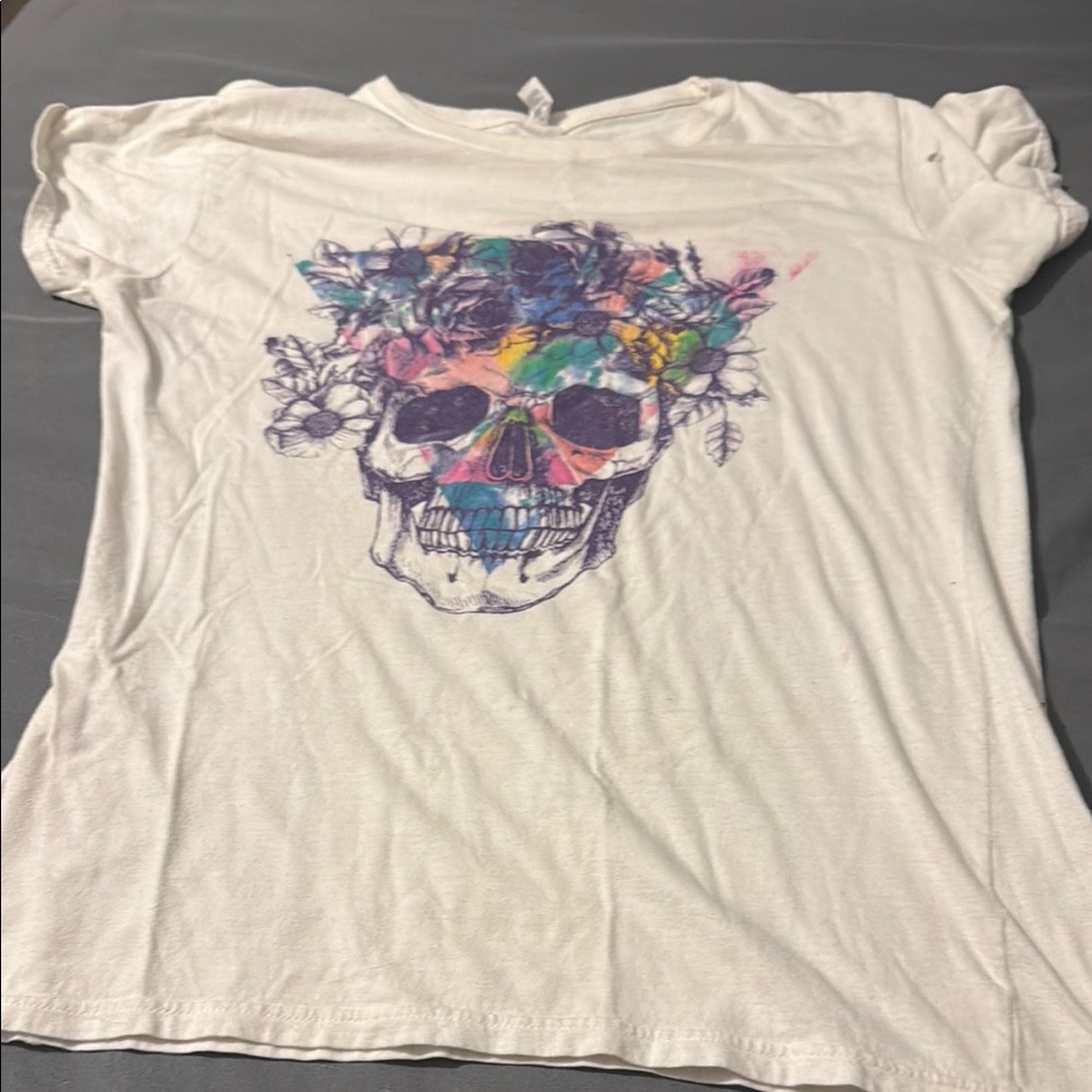 White T-Shirt with Colorful Skull Design